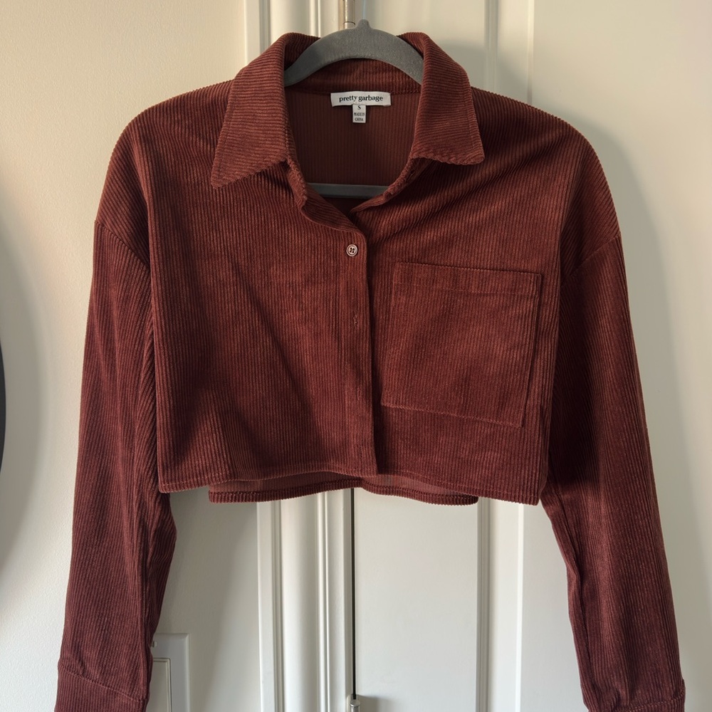 Boutique Brown Cropped Corduroy Shirt Long Sleeve Button Down Women’s Jacket